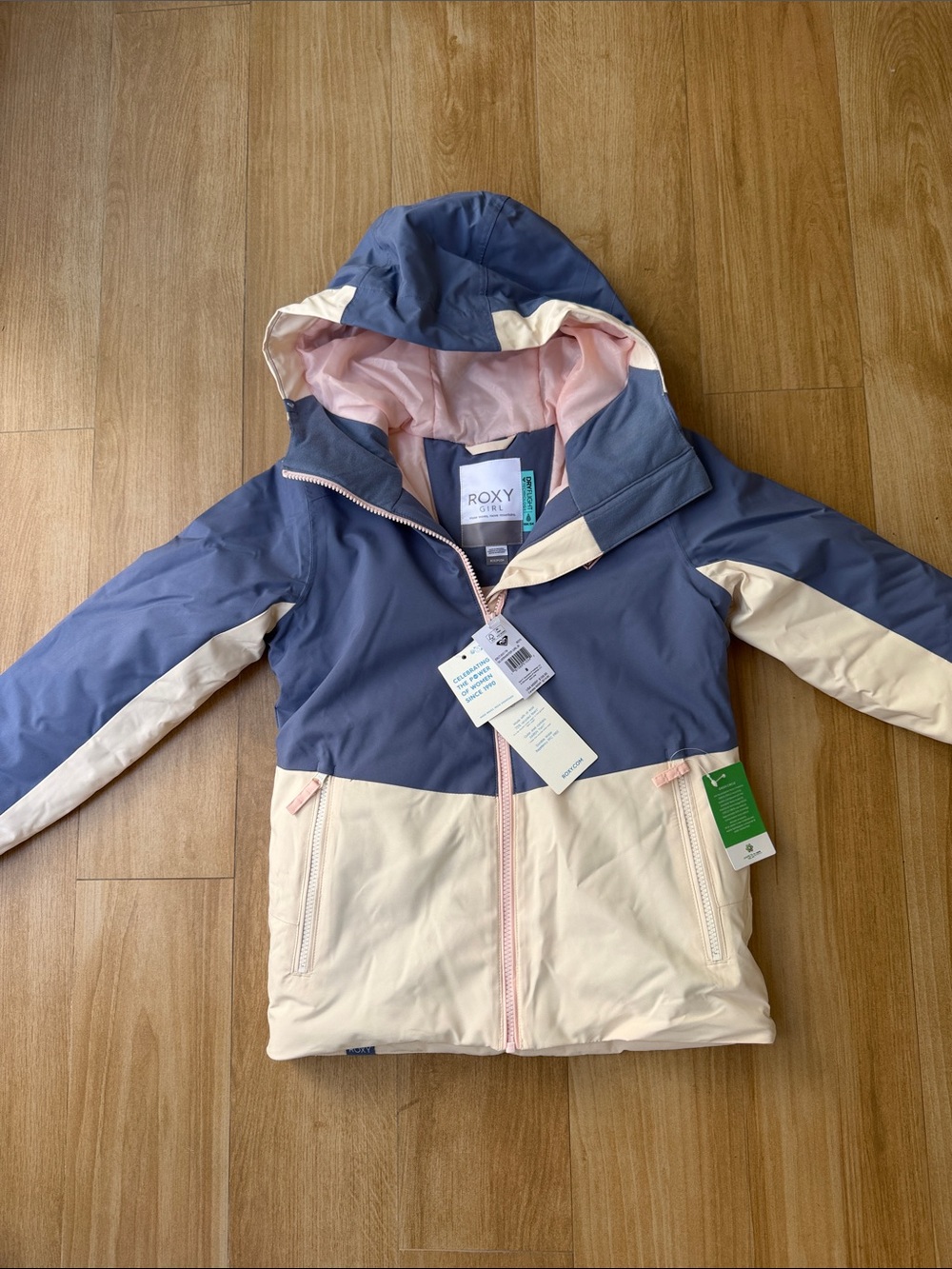 Roxy Girls' Colorblock Hooded Puffer Jacket - Blue, Cream & Pink Lining